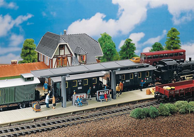 H0 Bahnsteig, 48 mm , Überdac ht mit 2 Ansatzstücken
